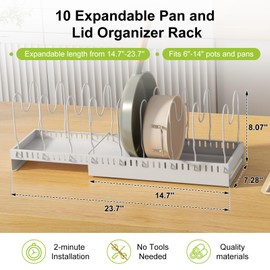 Fovkdcvw Pots and Pans Organizer Under Cabinet with Drain Board, Expandable Pot Lid Organizer inside Cabinet Holder with 10 Adjustable Compartment, Rack for Cutting Board, Sheet Pan, Cookware, White