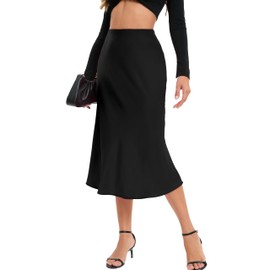 Jhsnjnr Women's Elegant Silk Satin Skirt Fashion Summer Long Skirts Zipper High Waisted Flowy Midi Skirt Black
