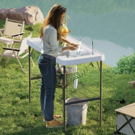 Portable White Folding Fish Cleaning Table with Sink Faucet Drainage Hose Sprayer Shelf for CampingColor: White Color