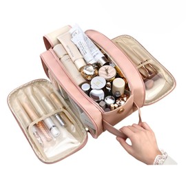 CYJLFVR Travel Makeup Bag for Women,Waterproof Cosmetic Organizer with Brush Holder, Toiletry Bag for Makeup Brushes & Travel Essentials, Free-Standing Vertical Storage Bag with Wide Opening (Pink)