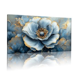 GYJAGHL Modern Blue Floral Canvas Wall Art, Gold Accented Peony Print, Floral Canvas Pictures Abstract Botanical Modern Gold Blue Print Boho Wall Art Canvas Paintings Artwork for Bedroom Living Room Wall, Large Contemporary Home painting Decor 20" x 40"
