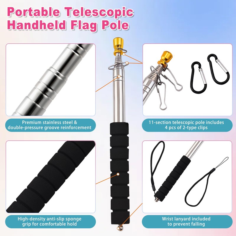 6.56FT Portable Handheld Flag Pole for Carrying Stainless Steel Telescopic