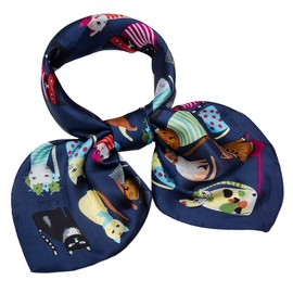 NaSoPerfect 35" Silk Like Scarf Women's Large Satin Square Hair Scarves Wraps Cat Pattern Headscarf for Sleeping Navy