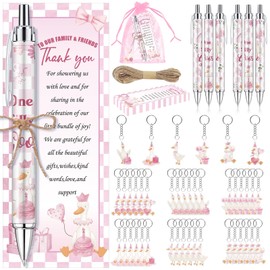 EYNDYN 145 Pieces Silly Goose Baby Shower Gifts for Guest Pink Ballpoint Pens and Keychains Favors for Girls Bulk Retractable Baby Shower Pens Gender Reveal Thank You Cards Souvenirs Prizes