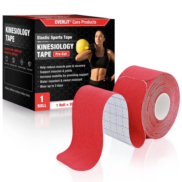 EVERLIT [Single] Pre-Cut Elastic Cotton Kinesiology Therapeutic Athletic Sports Tape, For Pain Relief And Support, 20 Precut 10” Strips (Red)