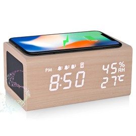 Electime Alarm Clock, Alarm Clock, Bluetooth 5.0, Wireless Charger, 3 Pairs Alarms, Wood Grain Table, Digital Tabletop, Humidity, Thermometer Function, Date Display, Time and Date Display, Memory