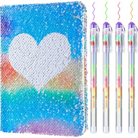 Outus Sequin Girls Journal Set with 4 Pieces Color Gel Ink Pens Reversible Diary Flip Sequin Notebook Glitter Writing Journal for Girls Teens End of The Year Gifts(Candy Color,Heart)