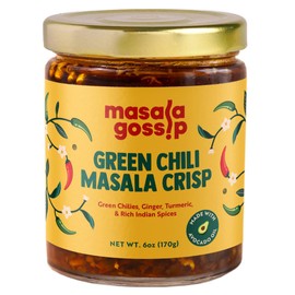 Masala Gossip Green Chili Crisp – Crunchy Chili Oil with Green Chillies, Garlic, Sichuan Flakes & Indian Spices – Spicy Savory Hot Sauce – Drizzle on Noodles, Toast, Veggies – Vegan, Seed Oil-Free 6oz