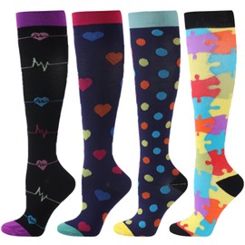 BONANGEL 4 Pairs of Compression Socks for Men and Women, Colourful Support Stockings, Compression Socks for Sports, Flight, Running, Travel, Cycling, Nurse, 4 pair spot&puzzle