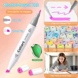 Caliart Pastel Markers, 61 Colors Dual Tip Art Markers Sketch Pens Permanent Alcohol Based, with Case for Adults Artists Drawing Illustration Sketching Coloring