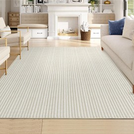 9x12 Area Rug for Living Room, Boho Striped Print Neutral Rug for Bedroom Soft Low Pile Washable Indoor Floor Carpet, Modern Non-Slip Large Area Rugs for Dining Room Nursery, Beige