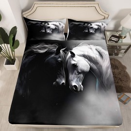 Erosebridal Horse Bed Set for Girls Boys Couples, Black White Horses Fitted Sheet Queen Size Wildlife Animal Pattern Bed Sheets Watercolor 3D Wild Animal Oil Print Sheets 3Pcs, No Top Sheet
