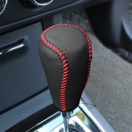 Genuine Leather Gear Shift Knob Cover Protector Hand Sewing for Toyota Camry 2012-2014 2015, RAV4 2013-2016 2017 2018, Yaris 2015-2017, Corolla 2014-2018 Accessories (2. Black with Red Sewing)