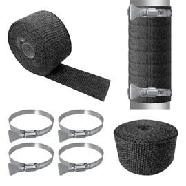2 Pack Fireproof Pipe Wrap Insulation 2" Wide X 16' Long, Fiberglass Heat Shield Tape Pipe Webbing for Stove Flue Protector with 4 Clamps, Black
