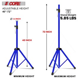 5 Core Speaker Stand Pair Tripod Floor Heavy Duty Adjustable Up to 72 Inch DJ Studio Monitor Stands Pole Mount - SS HD 2 PK BLU Bag