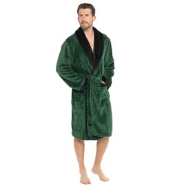 Strong Souls Mens Luxury Fleece Dressing Gown With Satin Trim Collar Dinner Jacket Evening Bath Robe Housecoat Gift for Men Green S