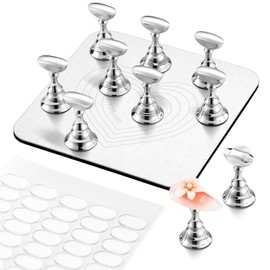 Makartt - Kit de soporte para uñas para pintar uñas, soporte magnético de presión, color plateado para la práctica de exhibición de arte, base de metal fuerte con 200 unidades de cinta adhesiva