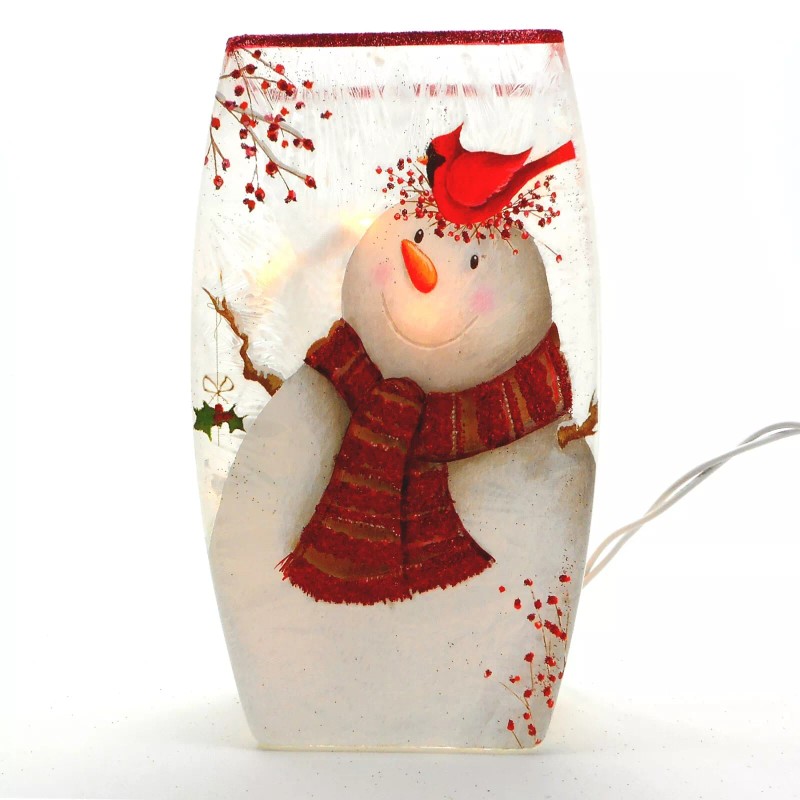 Stony Creek Decorative Lighted Glass Snowman Cardinal Holly 8" Vase