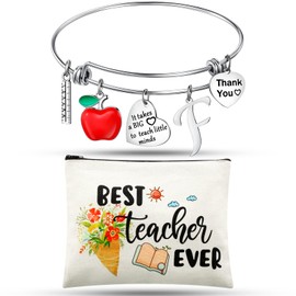 Highergo 2 Pcs Valentine's Day Teacher Appreciation Gifts for Women Valentines Gift Teacher Cosmetic Bag Makeup Pouch Teacher Thank You Gift Bangle Bracelet,Best Teacher Ever Gift(F Style)