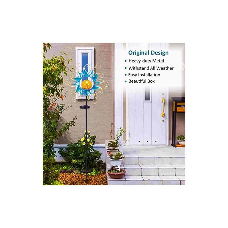 Kacux Solar Garden Metal Sun Lights Decor, Golden Blue Stake