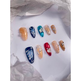 RDNTBEU Press on Nails Beach Medium Almond 3D Fake Nails Reusable Luxury Handmade False Nails with Design Pearl Heart Solid Star,Press ons Muti-Layer Acrylic Handmade Nails for Wome Manicure(Size S)