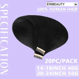 EINbeauty Tape Extensions Real Hair 20 Pieces Extensions Real Hair 45 cm 40 g Deep Black Tape In Extensions Real Hair Invisible Real Hair Extensions Tape Straight Hair Extensions for Women (18 Inches,