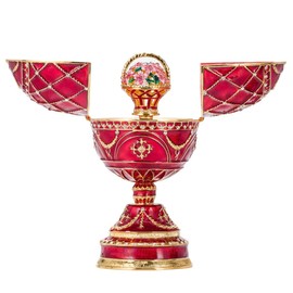 danila-souvenirs Faberge style Egg/Music Box/Trinket Jewel Box with Basket of Flowers 6.8'' (17 cm) red