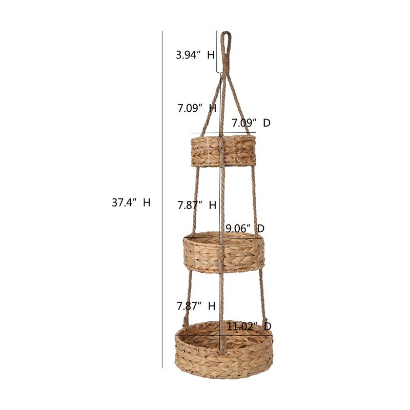 3 Tier Hanging Fruit Basket, Handmade Natural Water Hyacinth Wall
