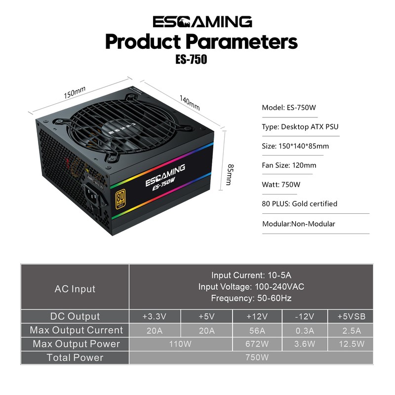 750W Power Supply, 80 Plus Gold Certified Non-Modular PSU with