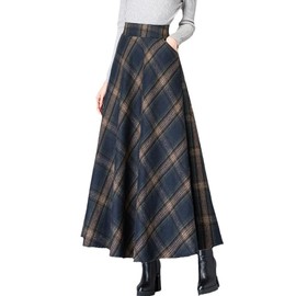 Women's Plaid Skirt Warm Elastic Waist Wool A-Line Pleated Tartan Winter Long Skirts(Dark Blue, S)
