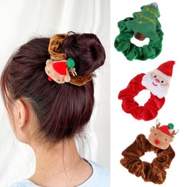 3PCS Christmas Hair Scrunchies Silk Christmas Hair Ties Elastic with Christmas tree Santa Claus Elk Soft Elastic Hair Bands Red Green Brown Checkered Hair Ties Xmas Ponytail Holders for Women Girls