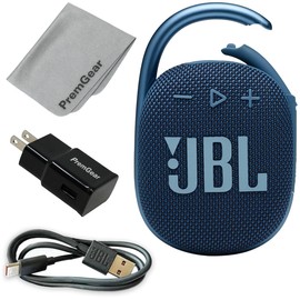 JBL Bags JBL Clip 4 Portable Speaker with Bluetooth, Built-in Battery, Waterproof and Dustproof (Blue), with Charging Cable, USB Wall Adapter and PremGear Quality Cleaning Cloth