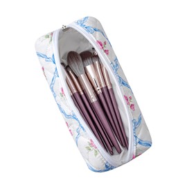 HHQQWZ Cute Floral Cotton Makeup Brush Cosmetic Bag for Women, Travel Quilted Zipper Make Up Bag, Flowers Toiletry Organizer Case Kawaii Makeup Cosmetic Travel Cloth Pouch (Blue Bowknot)