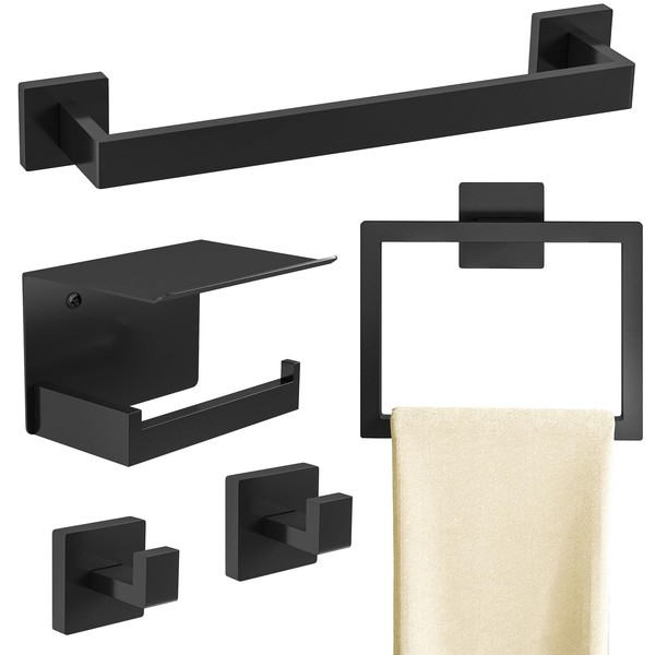 STWWO 5-Piece Matte Black Bathroom Accessories Hardware Set, Stainless Steel