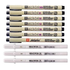 Sakura Pigma Micron 7 Fineliners + Sakura Gelly Roll White, 3 Pens Bright White in Case, Mix Size 05/08/10