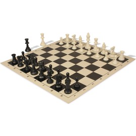 Standard Club Plastic Chess Set Black & Ivory Pieces with Vinyl Rollup Board - Black