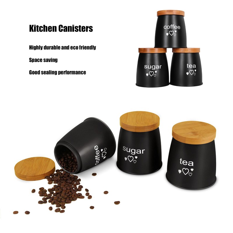 3Pcs Coffee Tea Sugar Container Set Bamboo Lid Durable Iron