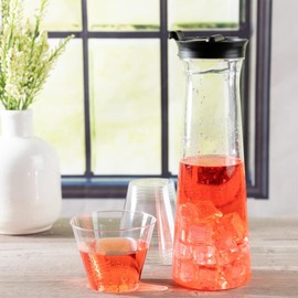 Blue Sky Clear Disposable Plastic Serving Pitcher 1000ml (34oz) with Black Lid - 24 Count Premium Quality Elegant Serveware for Parties and Events