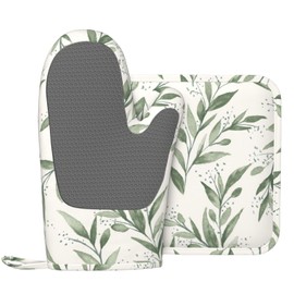 Silicone Oven Mitts and Pot Holders Sets, Home Green Leaf Heat Resistant BBQ Gloves for Kitchen Baking Cooking Grilling Microwave
