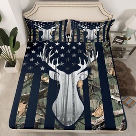 Camouflage USA Flag Fitted Sheet,Green Camo Grey Deer Antlers and Trees Bedding Set All-Round Elastic Deep Pocket for Children Adult Room,American Flag Polyester Fashion Bed Sheet, Queen Size