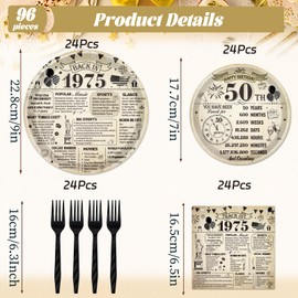 Refavor 50th Birthday Decorations for Men Women, Vintage 96PCS Back in 1975 Party Plates Napkins and Forks Tableware, Disposable Cheers to 50 Years Dinnerware Supplies 24 Guests