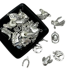 GraceAngie 60 Pieces Western Cowboy Charms for Jewelry Making 15 Styles Antique Silver Golden Cowboy Boot Hat Cactus Horsehead Eagle Charms Western Pendant Cowboy Charms for Bracelet Necklace (Silver)
