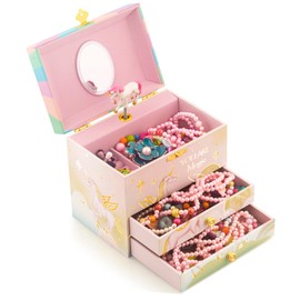 A&A Musical Jewelry Box for Girls with Double Drawers and Big Storage Paired with Magic Unicorn Theme Rotating Playback the Tune for Beautiful Dream Pink-Purple