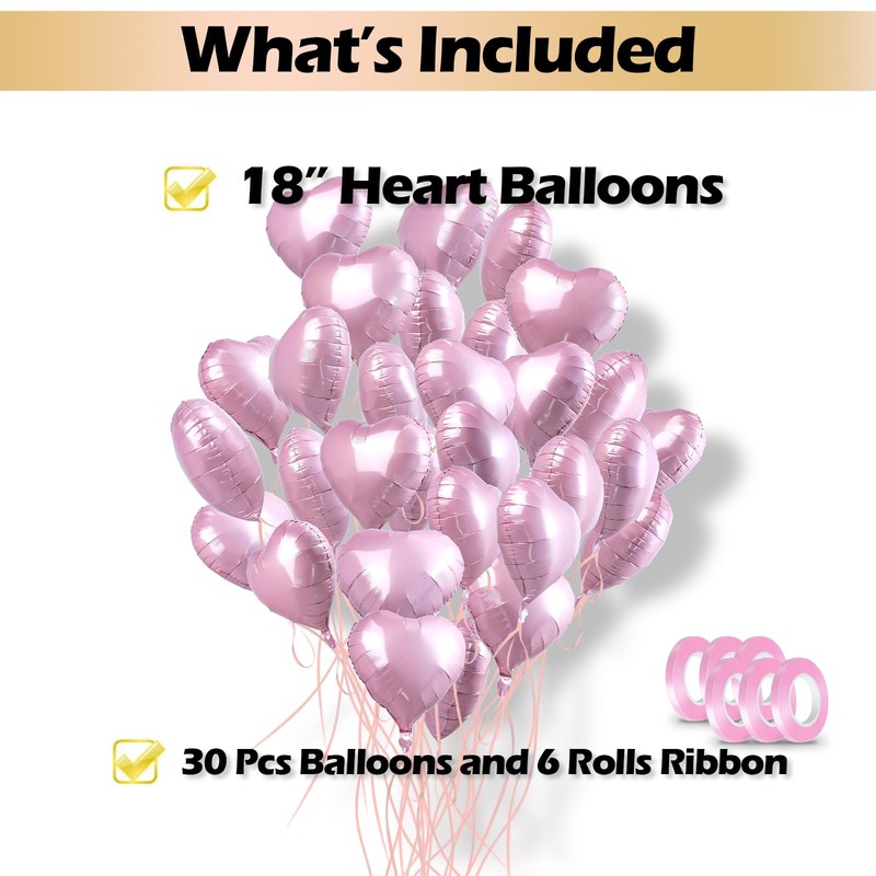 30 pcs Pink Heart Foil Balloons 18" Heart Shaped Mylar