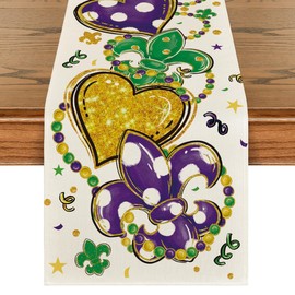 Artoid Mode Irises Beads Love Mardi Gras Table Runner, Carnival Seasonal Kitchen Dining Table Decoration for Home Party Decor 13x48 Inch