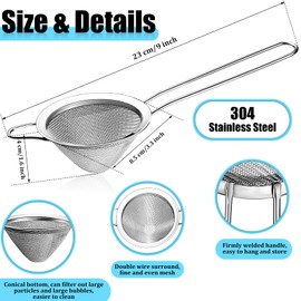 2 Pieces Fine Mesh Strainer with Handle Cocktail Strainer Stainless Steel Conical Food Strainer Stainless Steel Silver Bartender Colander Filter for Home Kitchen Bar Accessories