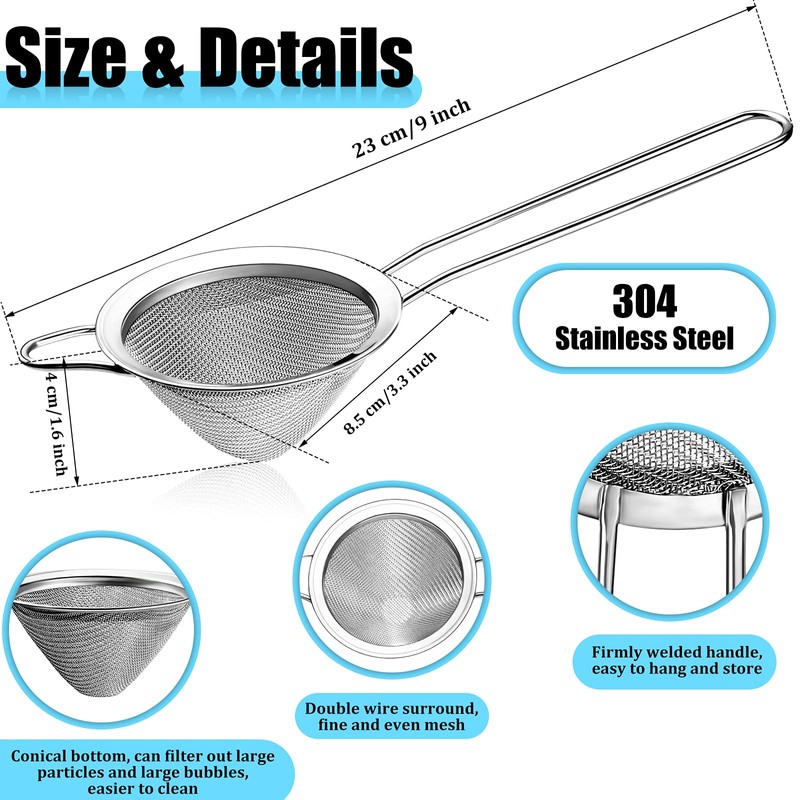 2 Pieces Fine Mesh Strainer with Handle Cocktail Strainer Stainless