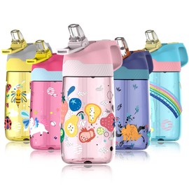 Fjbottle Kids Water Bottle with Straw, BPA Free Leak Proof 450ml Drinking Bottle, Eco Friendly Tritan Sports Water Bottle for Kids, One Click Flip Lid