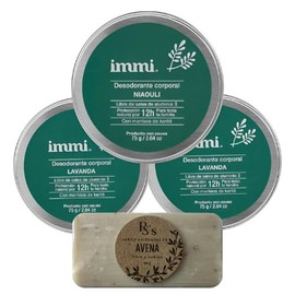 IMMI Desodorante Natural Lavanda 2 piezas y Niaouli (Menta) 1 pieza en tarro, 1 Jabón Artesanal de AVENA de 100g