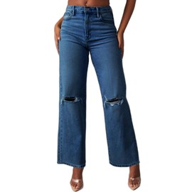 Atditama - Jeans de pierna ancha para mujer, tiro medio, pierna recta, corte bota, elásticos, holgados, para novio y mamá, 186 Azul, 14-16